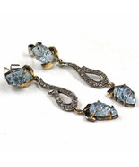 Natural Blue Aquamarine Carved Diamond 18K Gold 925 Silver Victorian Ear... - €246,24 EUR
