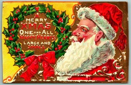 Babbo Natale Agrifoglio Corona Merry Natale Dorato Goffrato DB Cartolina I10 - £12.91 GBP