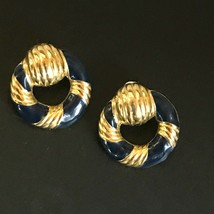 Estate Blue Enamel &amp; Goldtone Faux Lifesaver Nautical Post Earrings for Pierced - £9.02 GBP