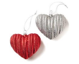 Silvestri Demdaco Silver and Red Knit Hand blown Glass Heart Ornaments Set of 2 - £7.22 GBP