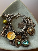 Vintage Silvertone Loaded Charm Bracelet w Horse Shield Crest Heart Char... - £8.88 GBP