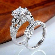 3.50Ct Princess Simulated Diamond Skull Wedding Ring Set 14k White Gold Size 9 - £206.15 GBP