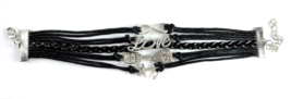 Leather Multi Charm Bracelet Love Owls Infinity Symbol Anchor Black Cuff - $6.99