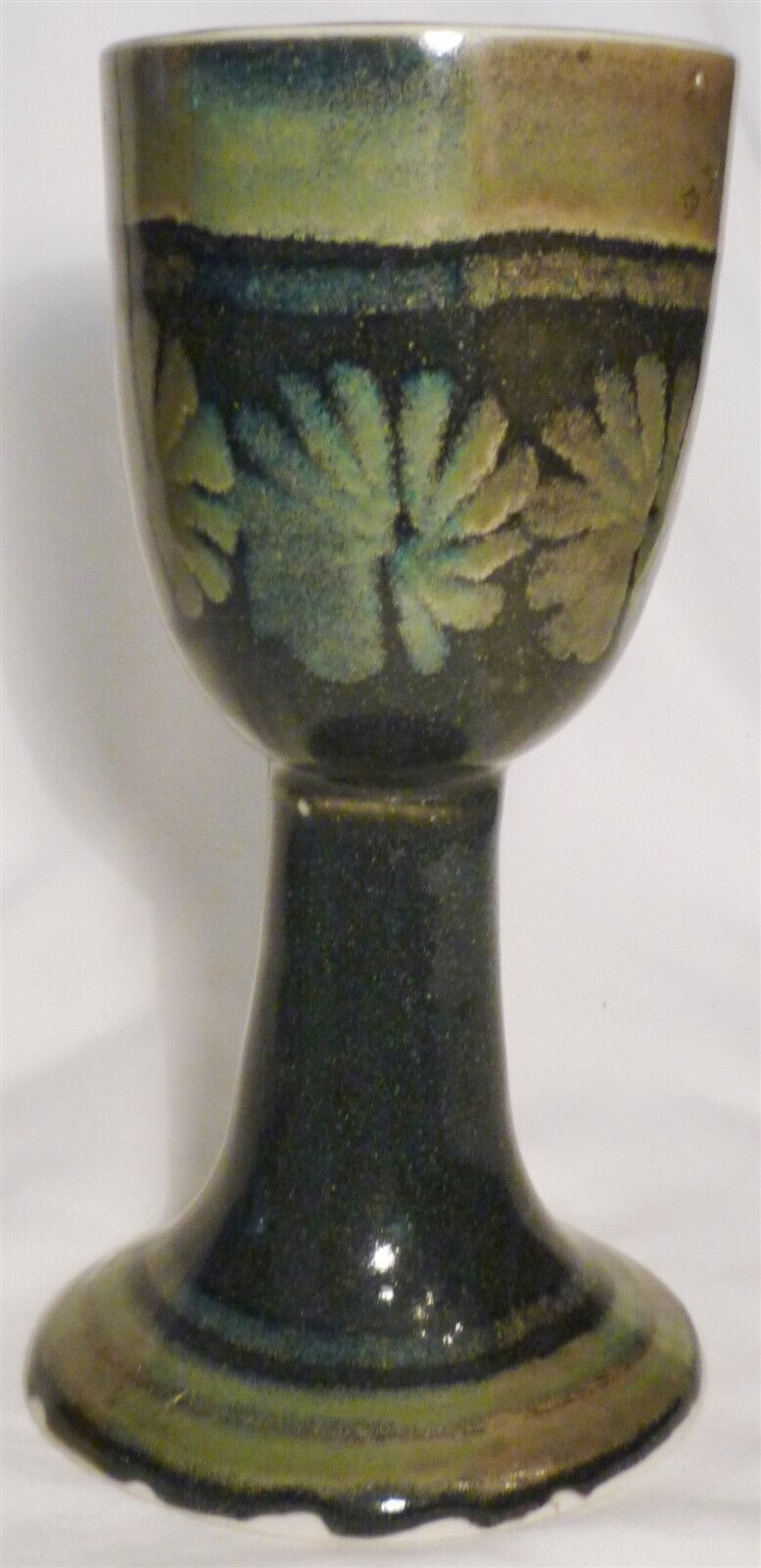 STUDIO ART POTTERY PEDESTAL STEMMED GOBLET CANDLE HOLDER BLUE GREEN FLOWERS - $30.00