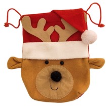 Christmas Gift Bag Stocking Reindeer Moose 10&quot; x 7&quot; Drawstring Santa Hat Felt - £9.62 GBP