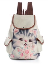 Creative Backpack  Cute Cat Print Student Schoolbag Large Capacity Cute Linen Wo - £48.32 GBP
