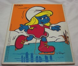 Vintage Playskool Smurfs Smurfette Ice Skating Wooden Frame Tray 10 Piece Puzzle - $19.80