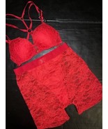 Victoria's Secret 34A BOMBSHELL BRA SET M high-waist brief Panty shorts RED lace - $98.99