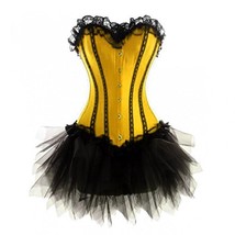 Yellow Satin Black Net Goth Burlesque Corset Waist Shaper Costume Overbust Dress - £59.94 GBP