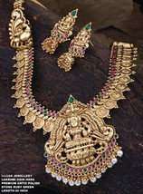 Indian Bollywood CZ Jewelry Bridal Necklace Earring Jhumka Temple Nagas Kasu Set - £134.36 GBP