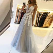 V Neck Long Prom Dresses Women Backless White Lace Dubai Evening Gown Sleeveless - £109.76 GBP