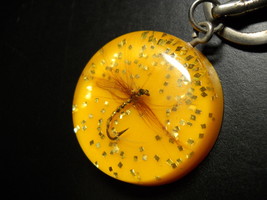 Fly Fish Lure Key Chain Small Feathered Fish Hook on Bright Yellow Background - $6.99