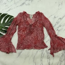 Ice Womens Vintage Y2k Silk Bell Sleeve Top Size S Pink Ruffles Beaded S... - $29.69