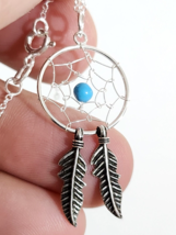Dream Catcher Pendant Necklace Turquoise Bead Feathers 925 Silver Silver &amp; Box - £15.97 GBP