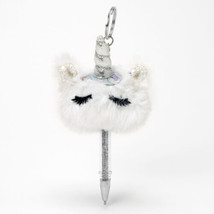 Claire’s White Pom Pom Plush Unicorn Ballpoint Pen W silver Glitter Keychain - £8.03 GBP