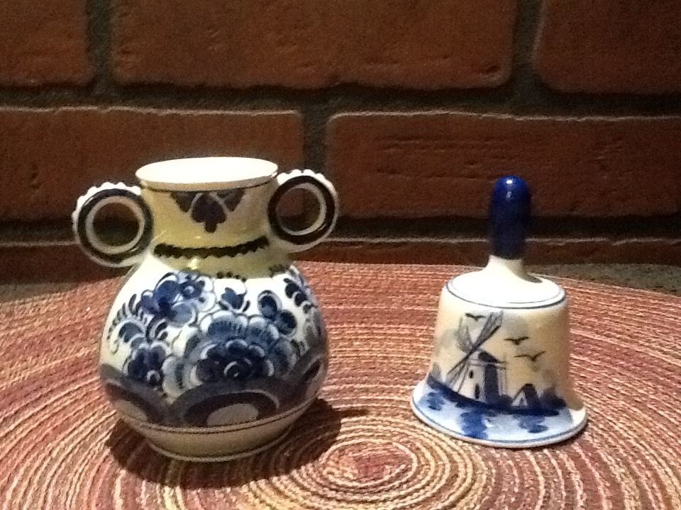 Miniature Delft Porcelain Bell and Vase - Holland - Flowers/Windmill - $14.95