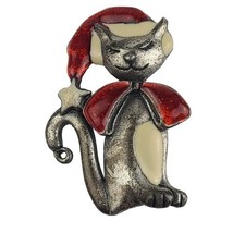 Vintage AJMC Christmas Cat Pin/Brooch Sparkling Enamel Pewter Missing Bell - $8.59
