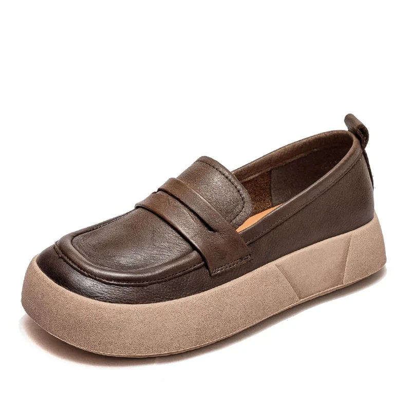 Handmade Flat platform Loafers Shoes Women Genuine Leather Retro Style S... - $96.38