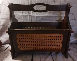 Vtg Oak ? Wood Woven Wicker Rattan Cane Magazine Book Record Rack Holder... - £18.29 GBP