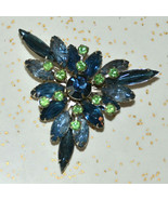 Vintage jewelry unsign Beaujewels large blue green crystal rhinestone Br... - £23.73 GBP