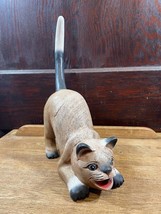 Wood Folk Art Stretching Happy Siamese Cat Brown Black Cat Blue Eyes Wood Figure - £21.63 GBP
