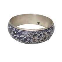 Purple Enamel Floral Bangle Bracelet Heart Cut out Engraved Silver  - £12.02 GBP