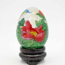 Reverse Painted Egg Hand Blown Glass Floral &amp; Butterflies with Wood Stand VTG - £8.68 GBP