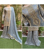Pakistani Gray heavy jewel work Organza 3pcs Sharara Dress,S - $223.41 CAD
