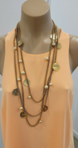 Yochi Yellow Triple Chain Necklace Accented with Coins and Faux Pearls - £129.74 GBP
