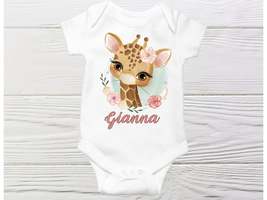 Cute giraffe onesie Personalized baby girl onesie Coming home baby bodysuit - £10.18 GBP