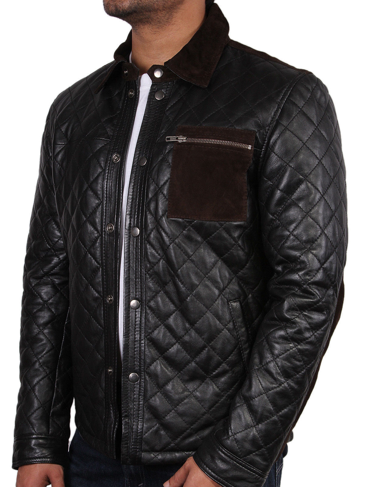 New Men's quilted leather jacket, New men quilted motorcycle jacket, Men black 2
