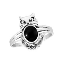 Charming Lady Fox w/ Oval Black Onyx Sterling Silver Ring-8 - £14.19 GBP
