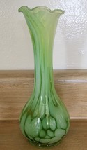 Vintage Hand Blown Green &amp; White Splatter Art Glass Vase 6 1/2&quot; High Ver... - £12.09 GBP