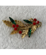 Vintage Christmas Brooch Holly Leaves Green Crystal Red Opaque Berries G... - £15.52 GBP