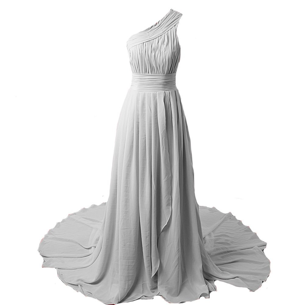 Kivary Women's One Shoulder Chiffon Simple A Line Pleats Court Train Prom Evenin