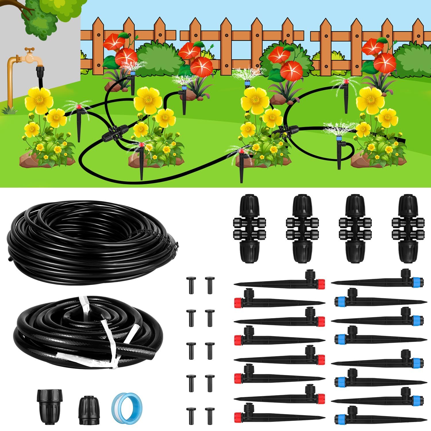 Drip Irrigation System,16Ft+78Ft Connector Micro Garden Watering Plants ... - $38.99