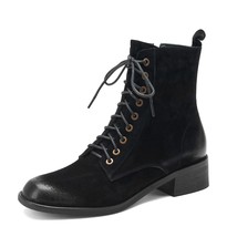 Pigskin Genuine Leather Ankle Boots for Women Block Heel Zipper Party Black Boot - £123.94 GBP