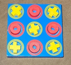 Small Wooden Tic Tac Toe Game Blue Red Yellow Devrian Travel COMPLETE - $14.80