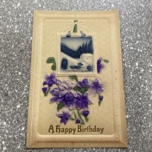 Antique A Happy Birthday Purple Lillies Wintery Embossed Printed In Germany - $10.68