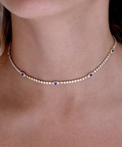 3mm Lab-Created Moissanite Set 925 Silver Evil Eye Tennis Choker Necklace - 16&quot; - £208.14 GBP