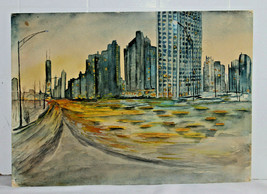 VTG Abstract Chicago Lakeshore Drive Cityscape Skyscrapers Watercolor Painting  - £144.74 GBP