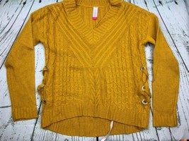 Womens Mustard Gold Knit Sweater Knit VNeck Side Laces - $20.19