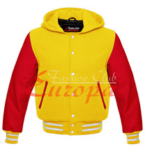 YELLOW AMERICAN VARSITY JACKET COLLEGE HOODIE LETTERMAN &amp; REAL LEATHER S... - £72.53 GBP