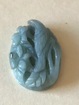 Finely Carved Aqua Blue &amp; Hint of Black Raven Bird &amp; Two Flowers Stone Pendant - £26.34 GBP
