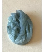 Finely Carved Aqua Blue &amp; Hint of Black Raven Bird &amp; Two Flowers Stone P... - $33.51