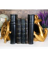 Nautical Coastal Home Decor Ship Anchor And Captain&#39;s Helm Wheel Bookend... - $50.24 CAD