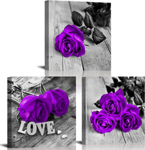 Purple Rose Flower Wall Art Purple and Gray Wall Decor Floral Canvas Paintings f - £33.04 GBP