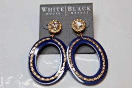 White House Black Market Stud Earrings Blue Plastic Oval W Gold Inlay & Gemstone - $17.79