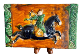 Vintage Chinese Painted  Sancai Glazed Horse Rider Ceramic Tile - £238.63 GBP