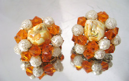 Vintage Robert Clip Earrings Pearl Amber Bead Gold Tone Filigree Signed - £16.51 GBP